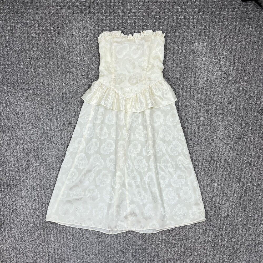 Vintage Doni Girl Dress Juniors 3 White Floral Peplum 80s Sweetheart Ruffle Midi